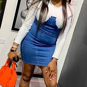 Petite Blue Jean Dress, Chic White Long Sleeves